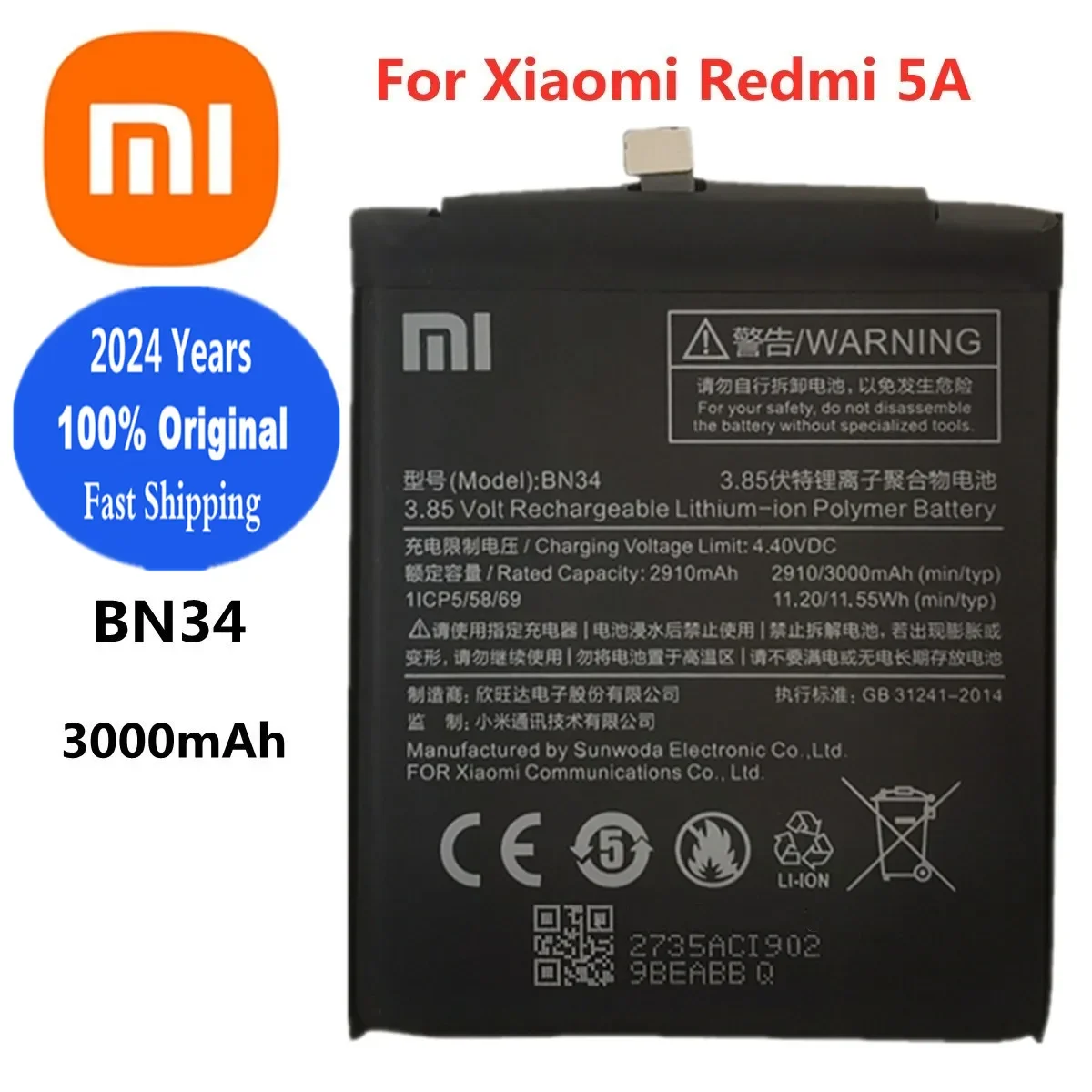 

2024 Years 100% Original Replacement Battery BN34 For XIAOMI Redmi 5A 2910mAh High Quality Phone Battery Bateria Batteries