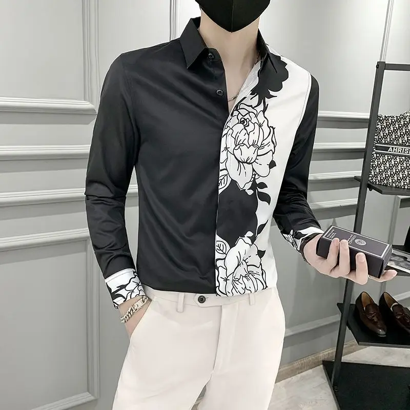 Turn-down Collar Formal Business Temperament Button Printing Asymmetrical Spring Summer Thin Men's Clothing Fashion Casual Loose