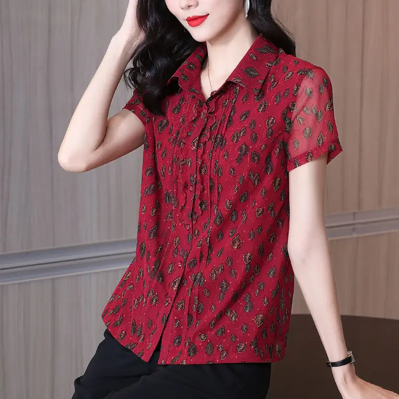 Office Lady Casual Turn-down Collar Shirt Summer New Fashion Short Sleeve Female Clothing Vintage Printed Single-breasted Blouse