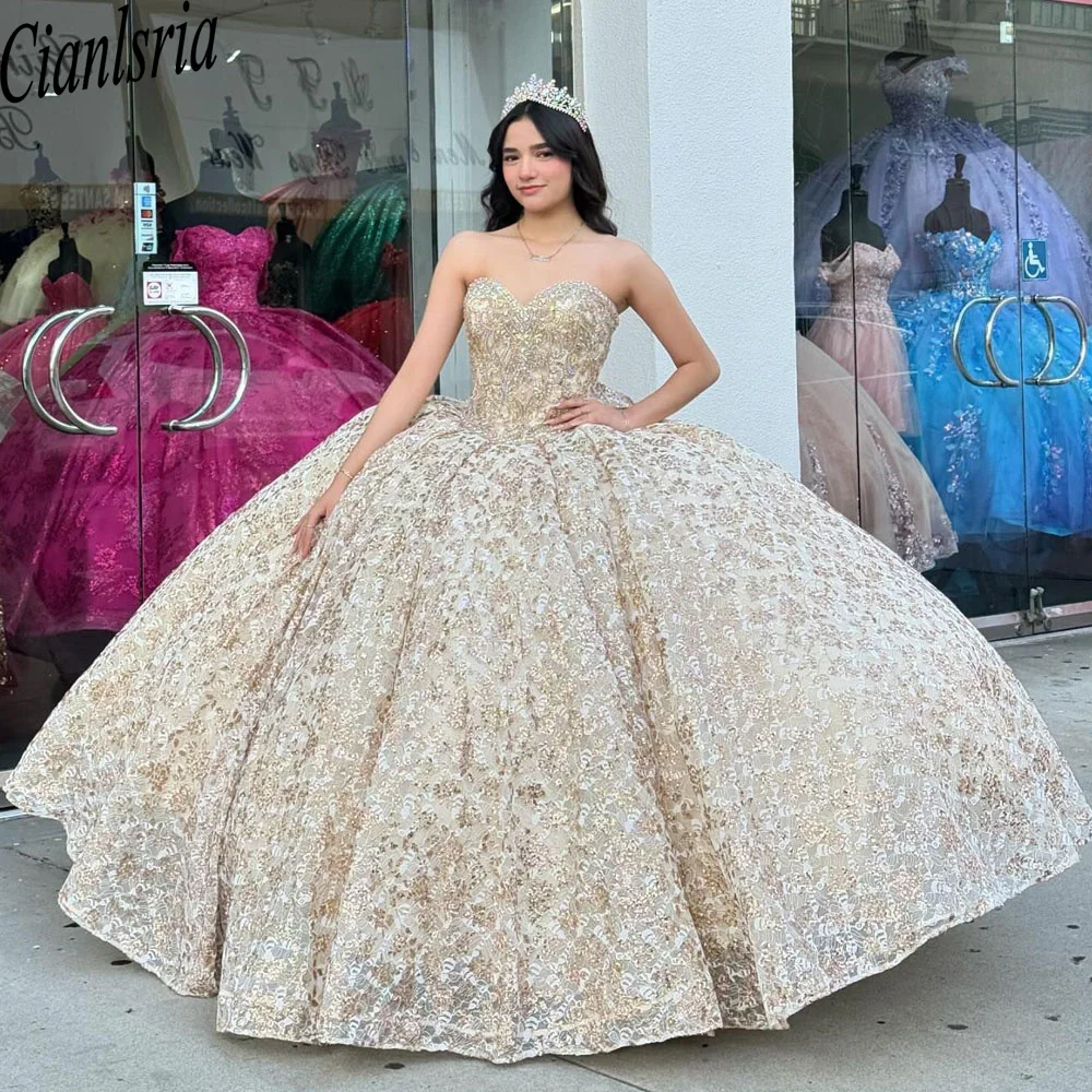 Glitter Sweetheart  Beading Satin Bow Ball Gown Quinceanera Dress 2024 Princess Lace Appliques Sweet 16 Vestidos De 15 Años