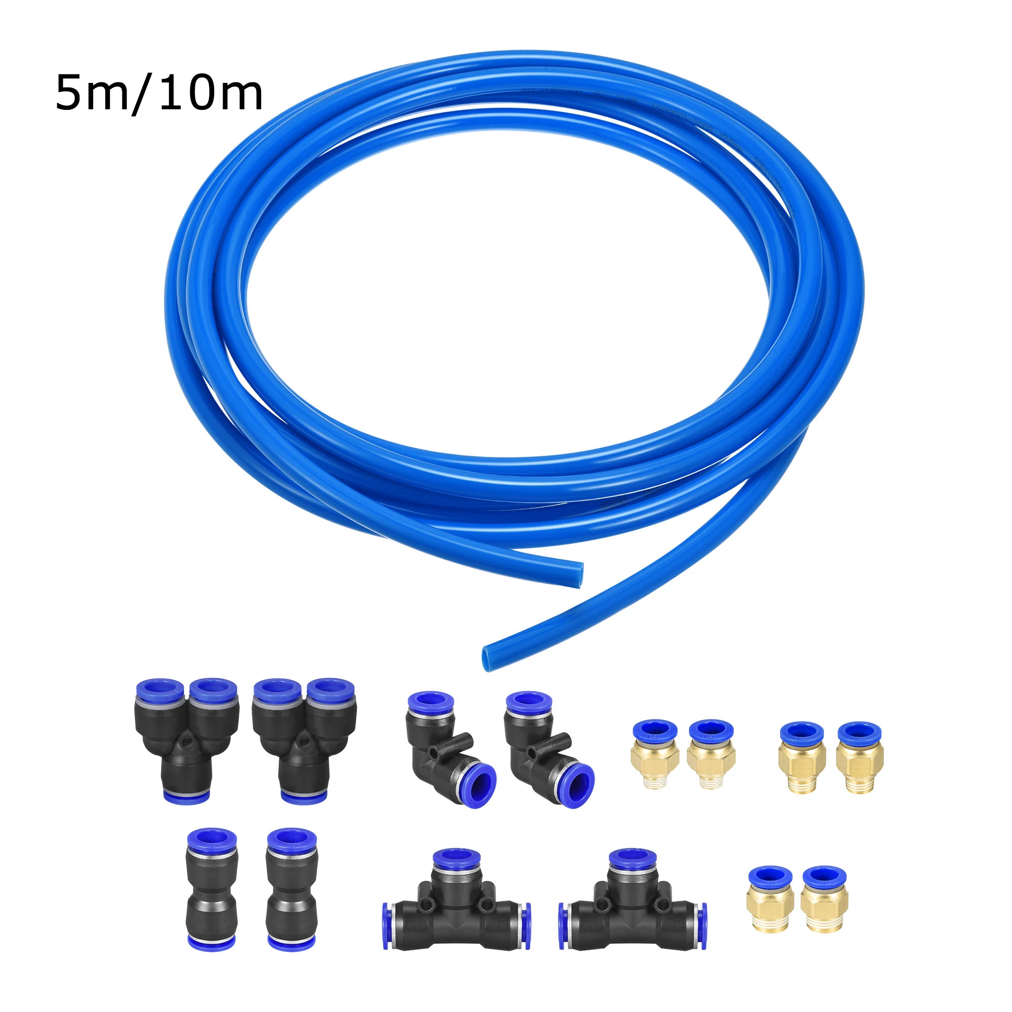 

Pneumatic Air Hose Tubing PU Air Compressor Tube 8mm(5/16'')ID x 12mm(15/32'')OD x 5m/10m Pipe Blue with 7 Type Connect Fittings