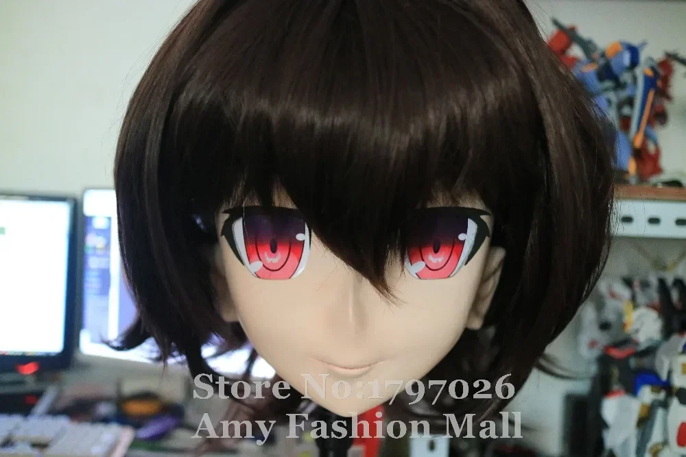 100% artesanal de silicone cabeça cheia kigurumi máscaras cosplay olhos rosa cabelo castanho crossdresser kigurumi máscara com peruca pode personalizar