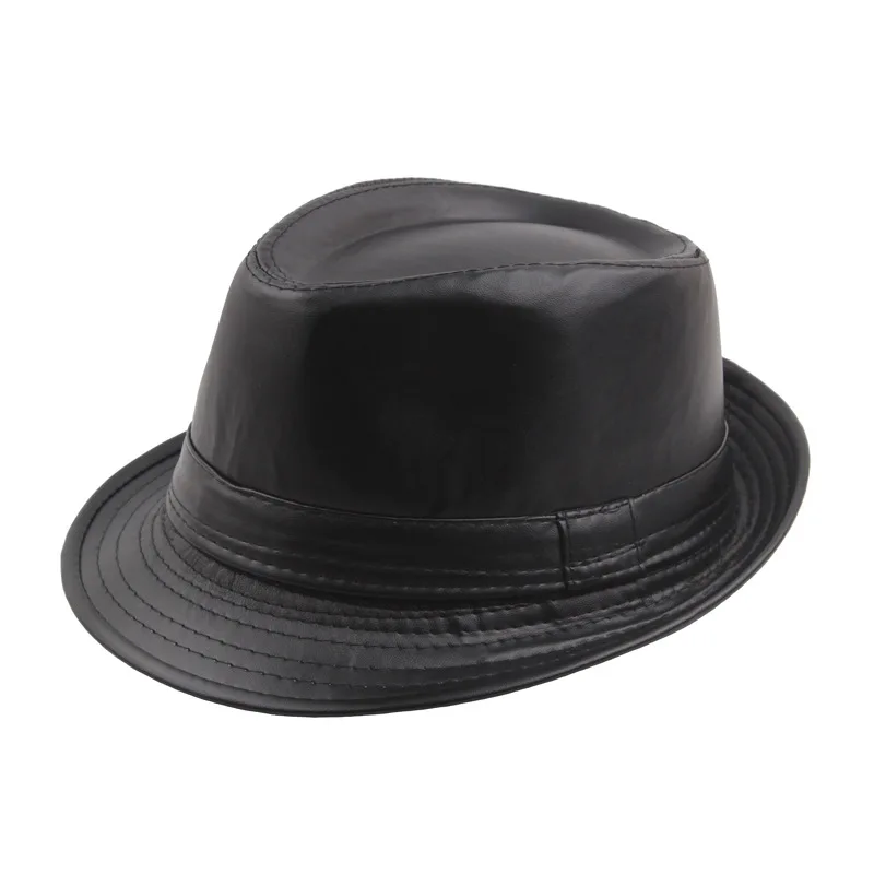 Black Leather British Vintage Style Jazz Caps Hats Fashion Fedoras Trilby Hat Solid Panama Formal Cap For Men Women Unisex