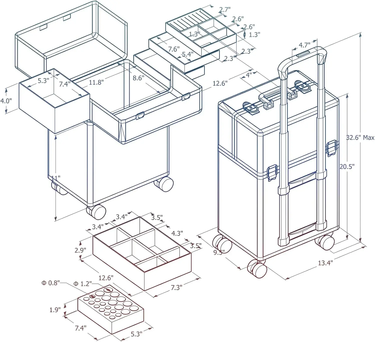حقيبة مكياج كبيرة دوارة مع 4 صواني، حاجز منزلق، طبقة قابلة للإزالة، عجلات دوارة لتخزين صالونات التجميل والسفر