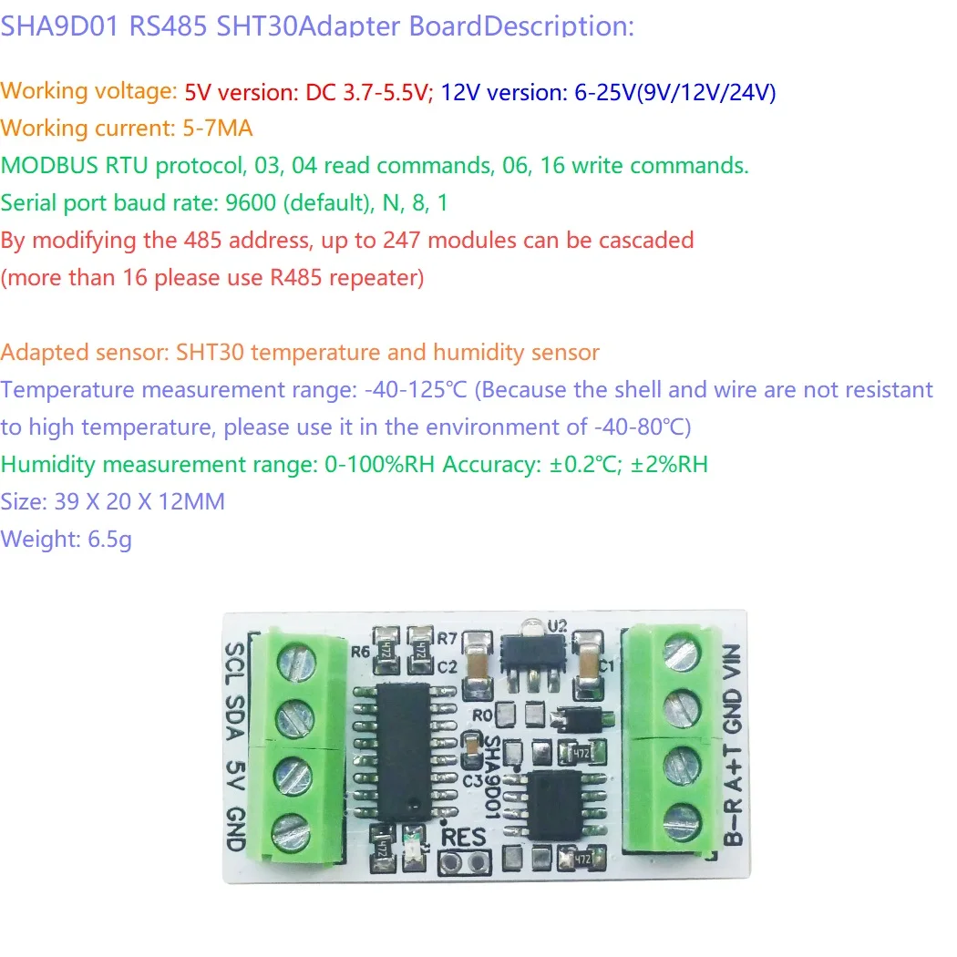 

Промышленная плата адаптера датчика температуры и влажности SHT30 RS485 TTL Modbus Rtu Аналоговый удаленный модуль ввода-вывода SHA9D01 Расширение HMI PLC