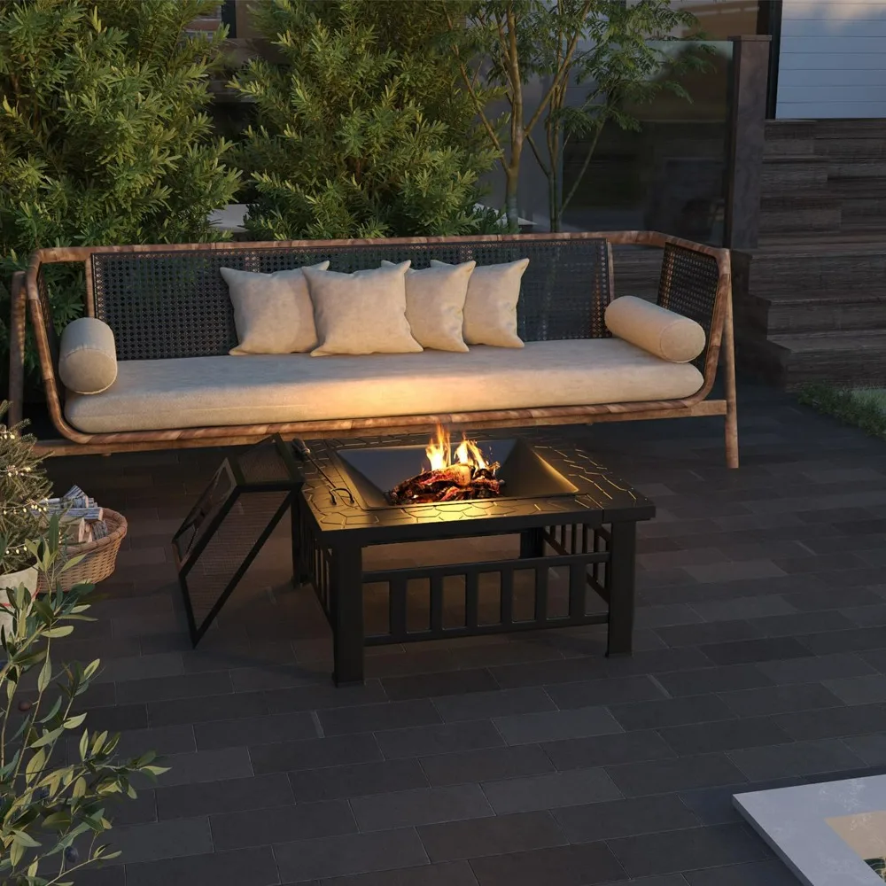 

Outdoor Fire Pit 32 Inch Patio Square Metal Firepit with Cover Poker & Grate Wood Burning Fireplace Backyard Stove for Outside