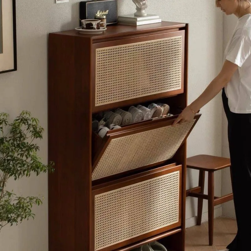 

Medieval style shoe cabinet solid wood foyer locker entry porch cabinet Nordic bedroom ultra-narrow storage rattan