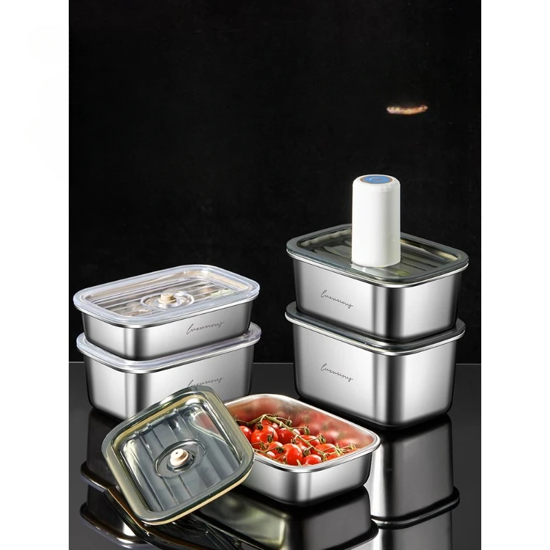 Stainless steel 304 vacuum crisper box for kitchen special food grade refrigerator office worker fruit bento sealed lunch box