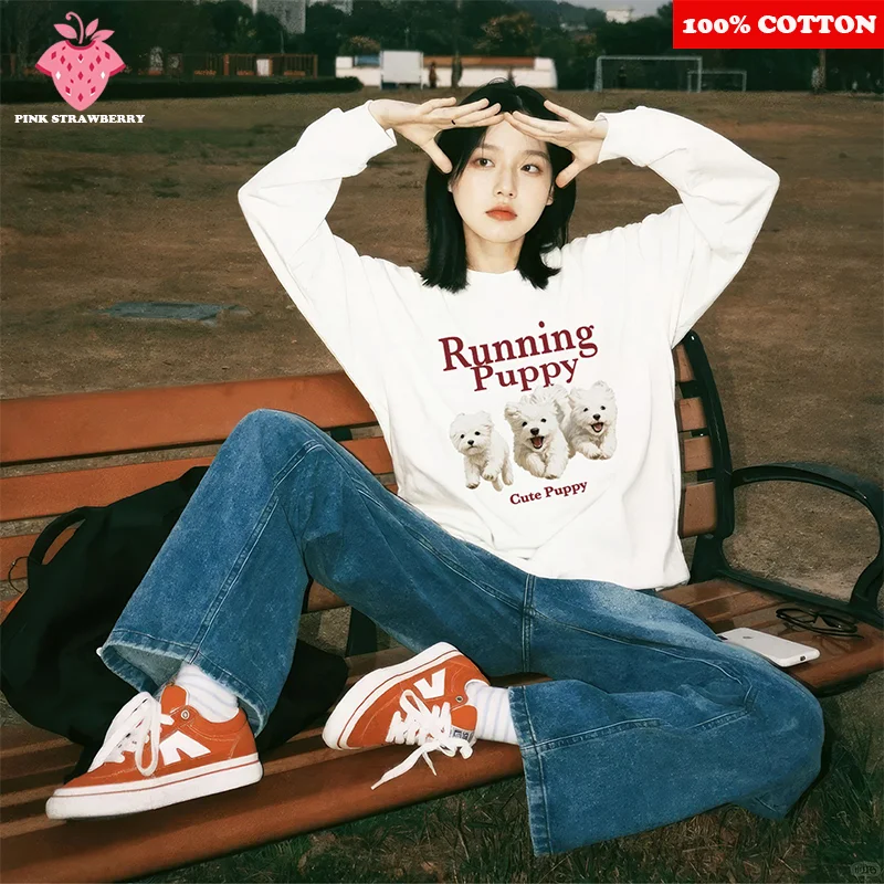 

Korean Cute Dog Print T-shirt Women Autumn 2025 New 100% Cotton White Long sleeve T-shirt Loose Casual Y2k Top kawaii clothes