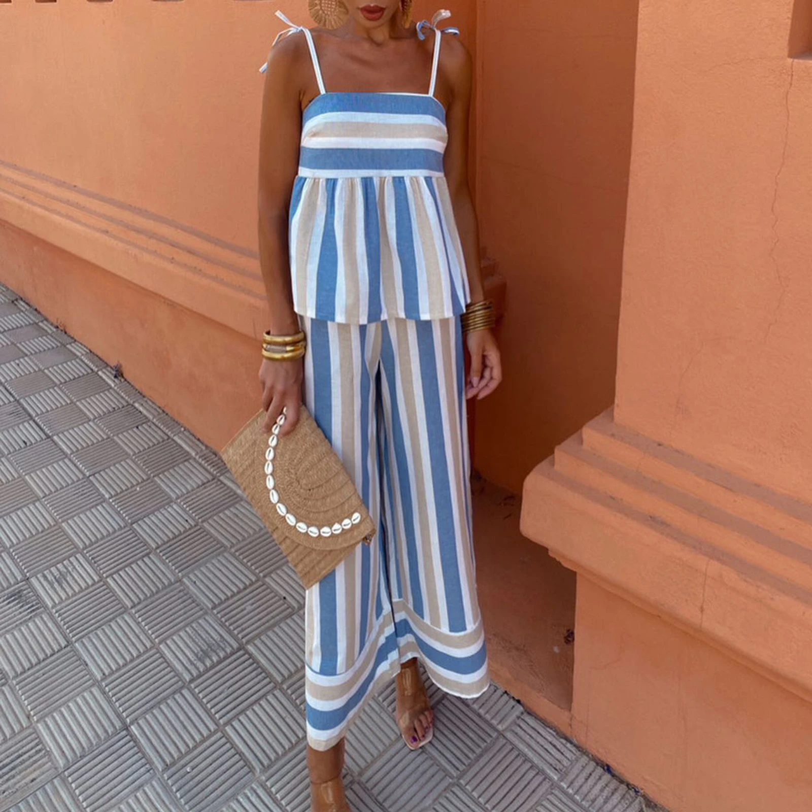 

Hirigin женские летние штаны наряды Y2K в стиле бохо полосатый топ на бретелях-спагетти с широкими штанинами комплект одежды из 2 предметов