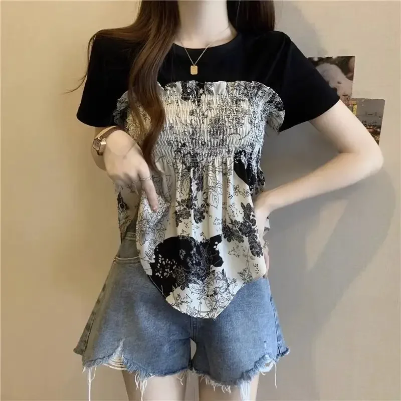 

Fashion Printed Folds Irregular Fake Two Pieces T-Shirt Female Clothing 2024 Summer New Loose Sweet Tops Asymmetrical Z466