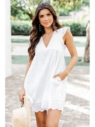 Summer Hollow Out Women Dress Loose Casual Loose Beach Dresses Fashion Sleeveless Vestidos V-neck Ruffles Clothing