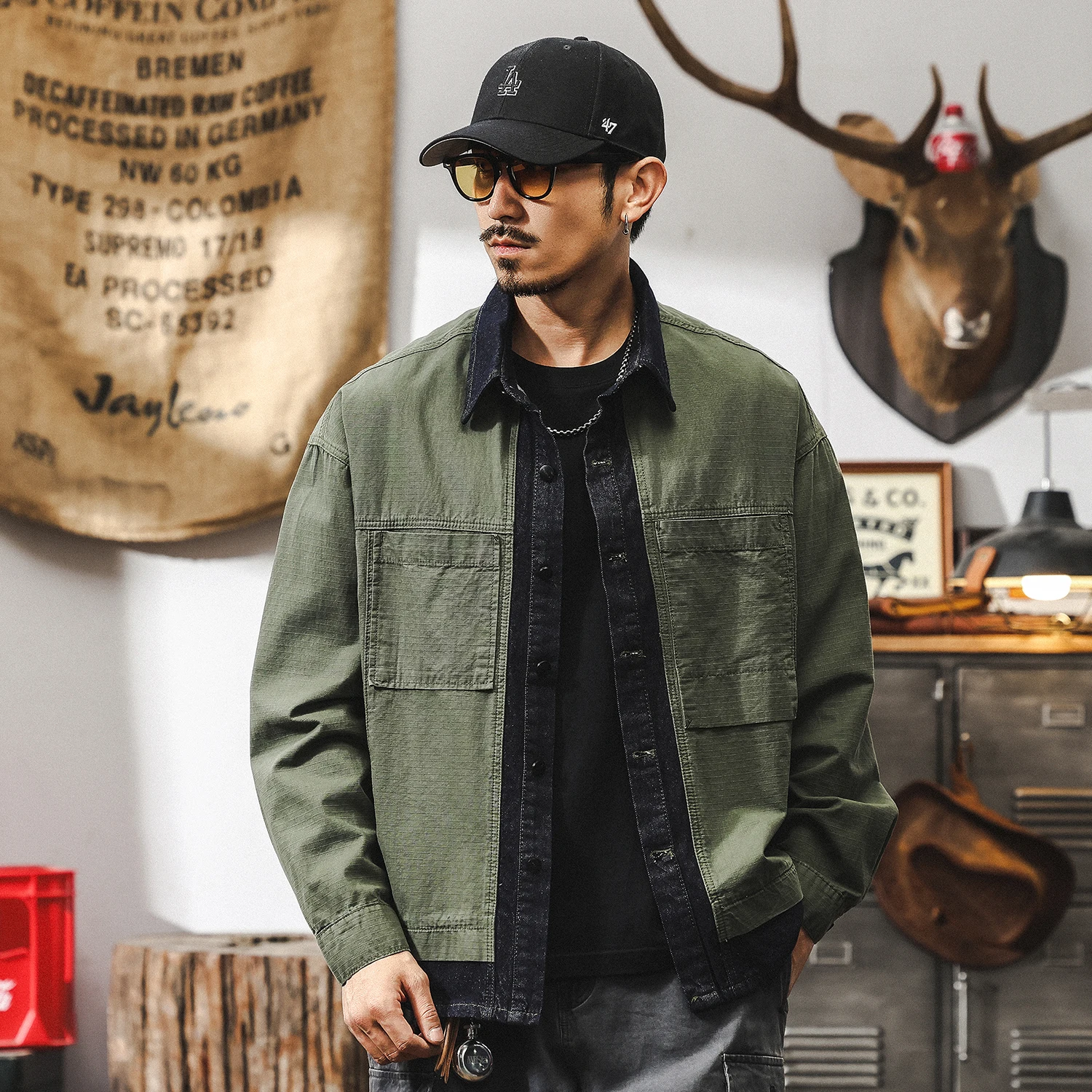 Men's autumn new retro trendy brand denim jacket, loose work shirt jacket