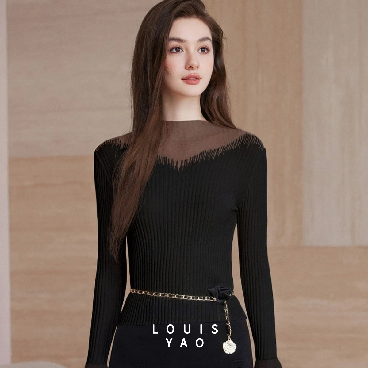 

LOUISYAO 2026 Весенний женский вязаный свитер из шерстяной смеси с расклешенными рукавами, приталенный, с обычным плечом, элегантный пуловер для офиса