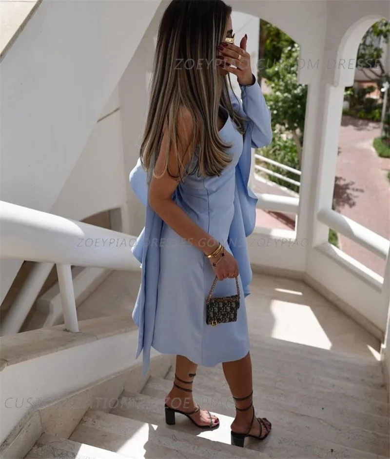 Elegant Light Blue One Sleeve Evening Formal Dresses Custom Made Ruffles Short Maxi Dress Arabic Dubai Prom Party Gown