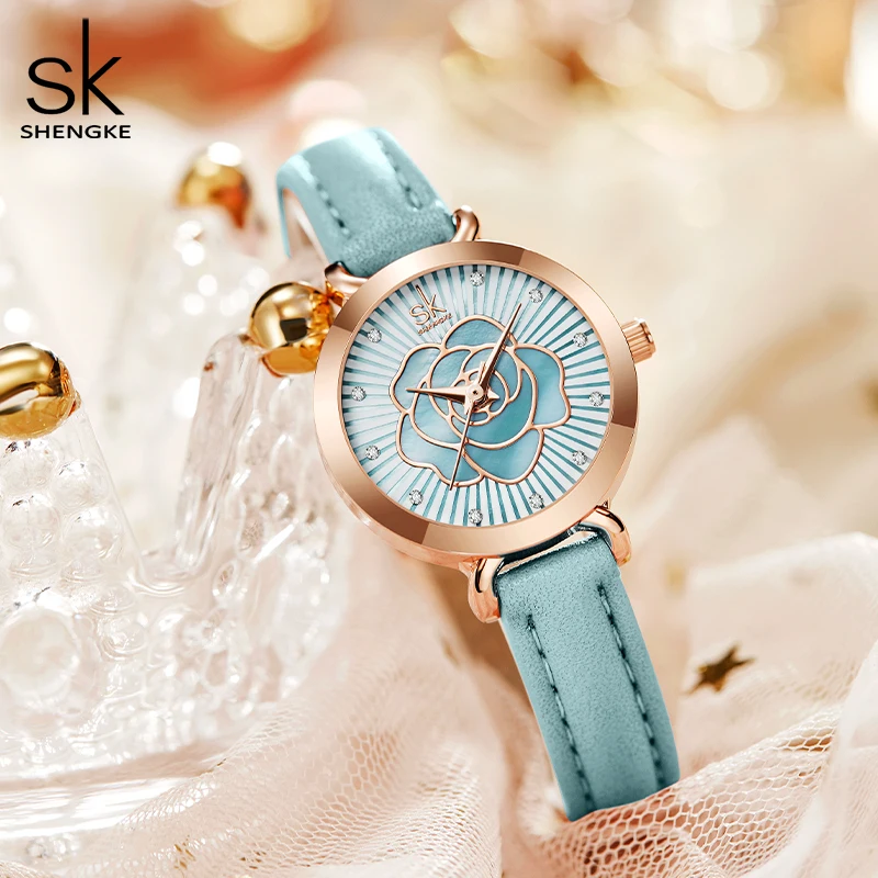 Shengke Fashion Design Women Leather Watches Classical Flower Face Woman Wristwatches Japan Movement Quartz Watch Reloj Mujer