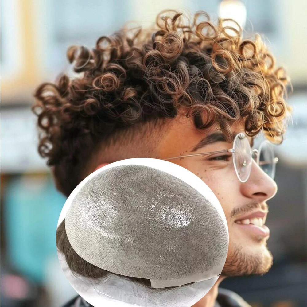 20mm Curly Men Toupee 0.06mm Thin Skin Undetectable V-loop Human Hair System For European Bald Men #4 Medium Brown Men Hairpiece