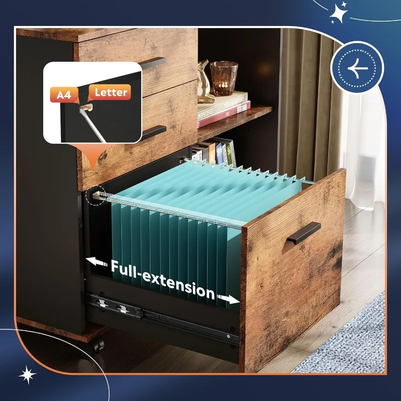 Armário de arquivo móvel de 3 gavetas, armário de arquivo lateral de madeira, suporte de impressora com prateleiras abertas para escritório doméstico, marrom rústico