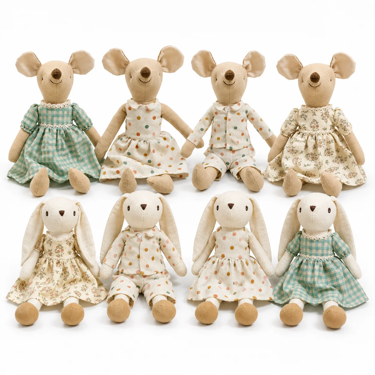 1PC Linen Long Ear Bunny Plush Doll Set with Polka Dot Outfit Handmade Soft Stuffed Animal Rabbit Toy for Newborn Shower Gift