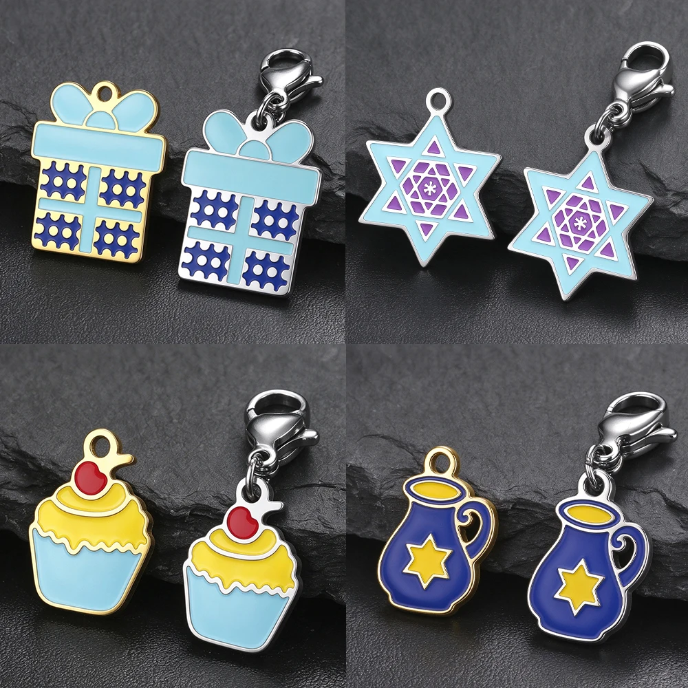 3pcs Hanukkah Charms Stainless Steel Enamel Pendant David Star Gift Box Cupcake Oil Jug Charms for Bracelet Jewelry Making Gift