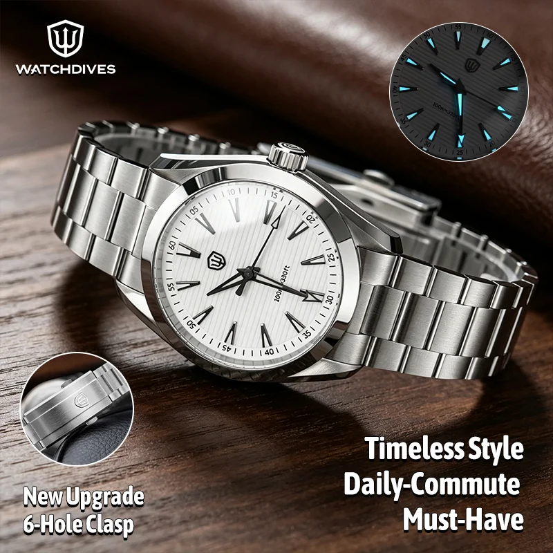 Watchdives WD0006 VH31 Sweep Quartz Watch Men 38Mm AR Sapphire Crystal 100M Waterproof BGW9 Luminous Stainless Steel Wristwatch