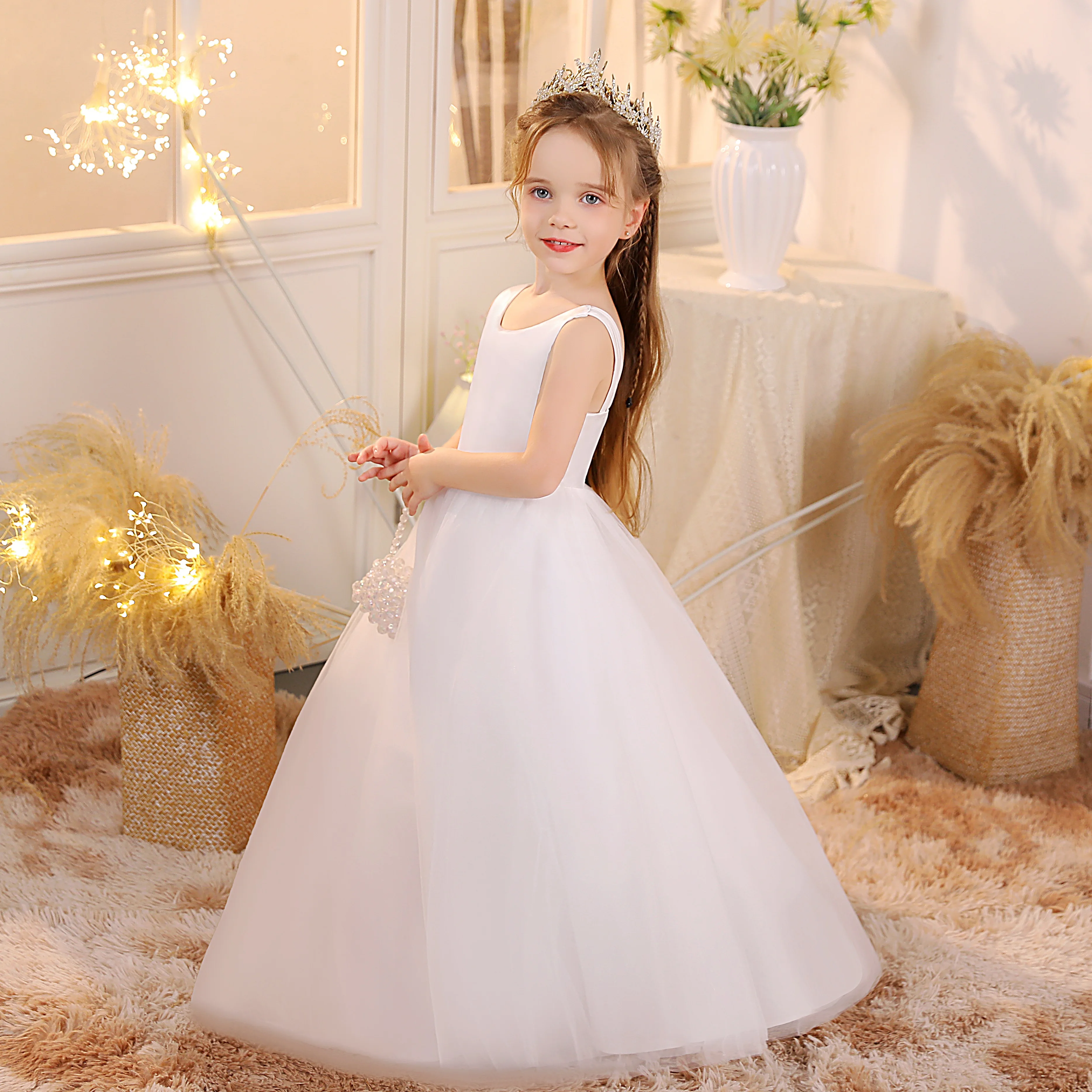 Satin/Tulle Princess Flower Girl Dress For Kids Prom Night Choir Wedding Ceremony Banquet Event Pageant Birthday Evening Party