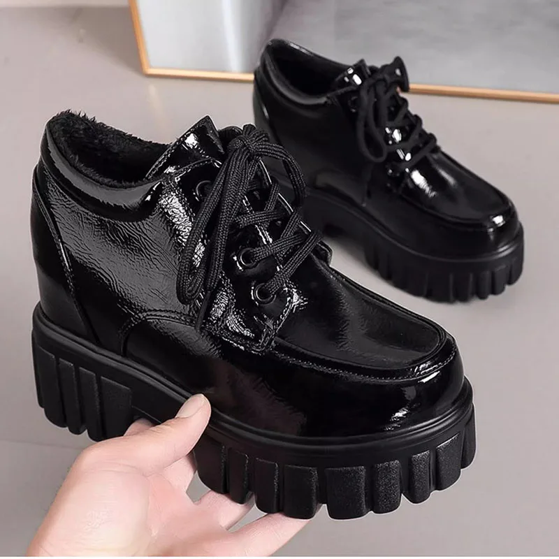 

XMWRLW Women's Autumn Winter Platform Shoes Patent Leather Ladies Fashion Hidden Heel Platform Shoes Women Autumn Winter Shoe