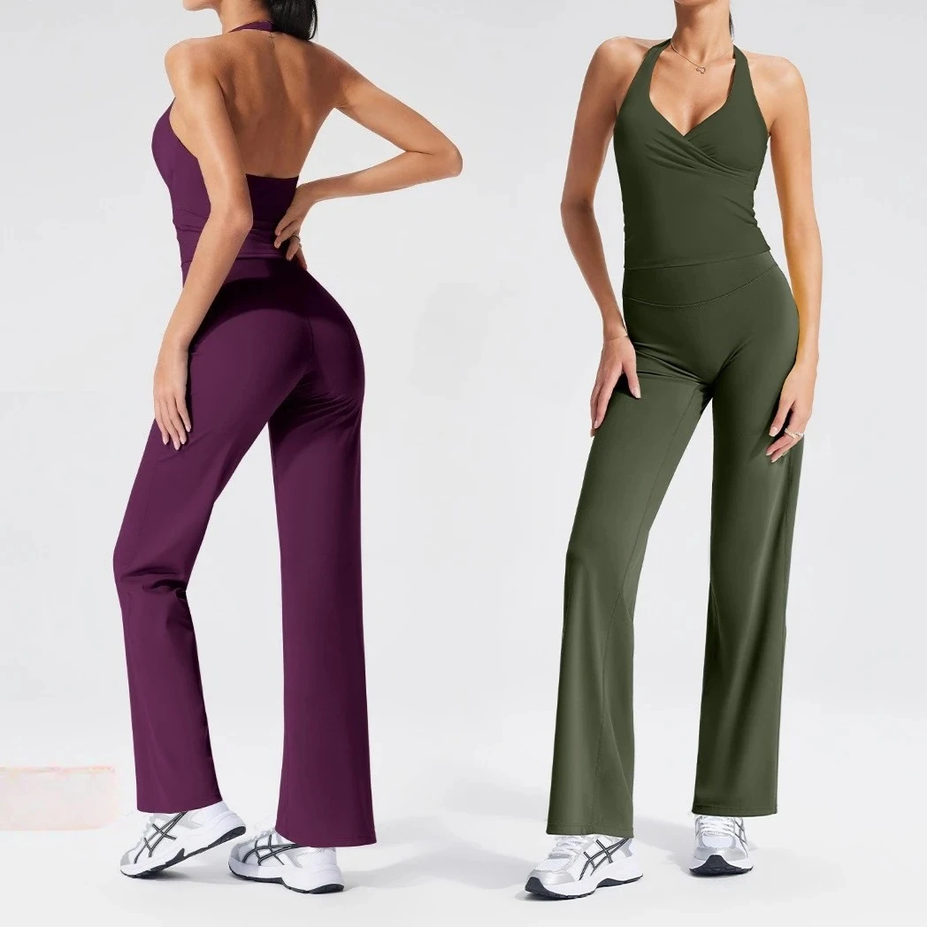 C-B Women 2Pcs Yoga Set Halter V Neck Backless Top Built In Bra High Waist Straight Leg Pants Stretch Gym Pilates Sportswear