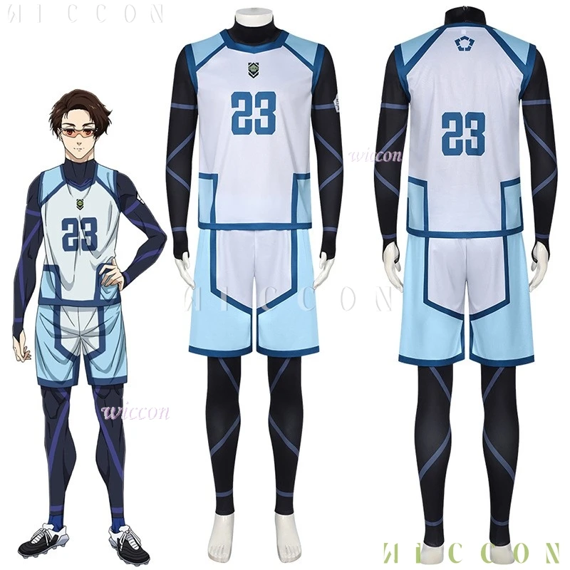 Disfraz de Chigiri Hyoma Nagi con cerradura azul S2, mono, 3 uds., conjunto de pantalones cortos, ropa deportiva, traje de fútbol, fiesta de fútbol, disfraz Unif