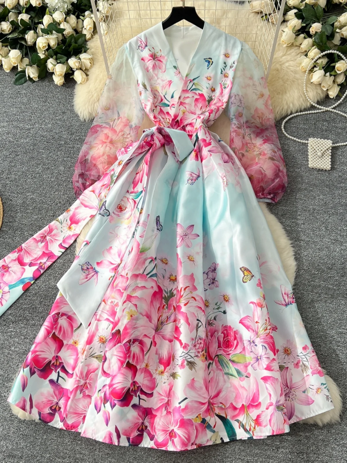 

Spring 2025 High Waist A-Line Dr Korean Sle Long Sve V-Ne Me Splice Cross Design Belted Waist Gown for Women