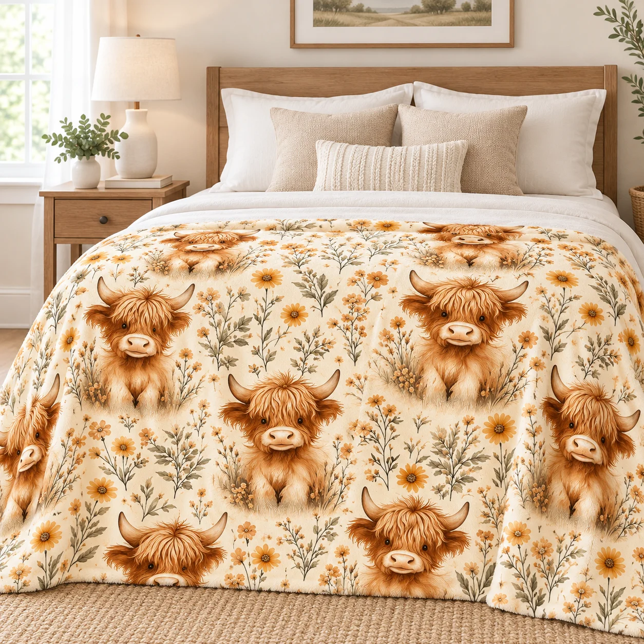 Soft Flannel Blanket with Vintage Highland Cow & Sunflower Print, All Season, Sofa Office Nap Travel Camping Home Decor