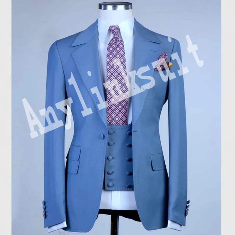 

Real Photo Men's Toast Business Suits Evening Dress Customize Slim Fits Clothes Groom Tuxedos (Jacket+Pants+Vest+Tie) W:140