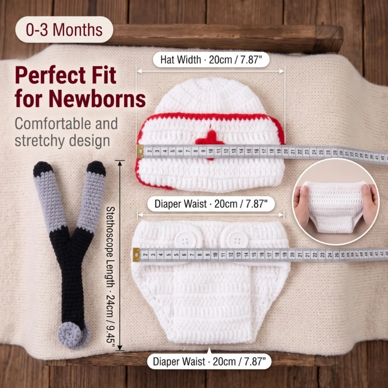 Newborn Photo Outfit with Nurse-Style Cap, Diaper Cover, and Stethoscope-Shaped Prop, Stretchy Yarn Set for Brief 15UB
