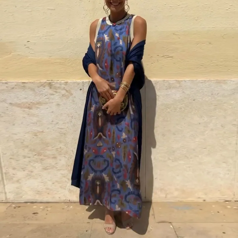 Set da 2 pezzi Boho con stampa etnica retrò per donna, abito lungo senza maniche con scollo a O e cardigan lungo, abiti da vacanza primaverili autunnali