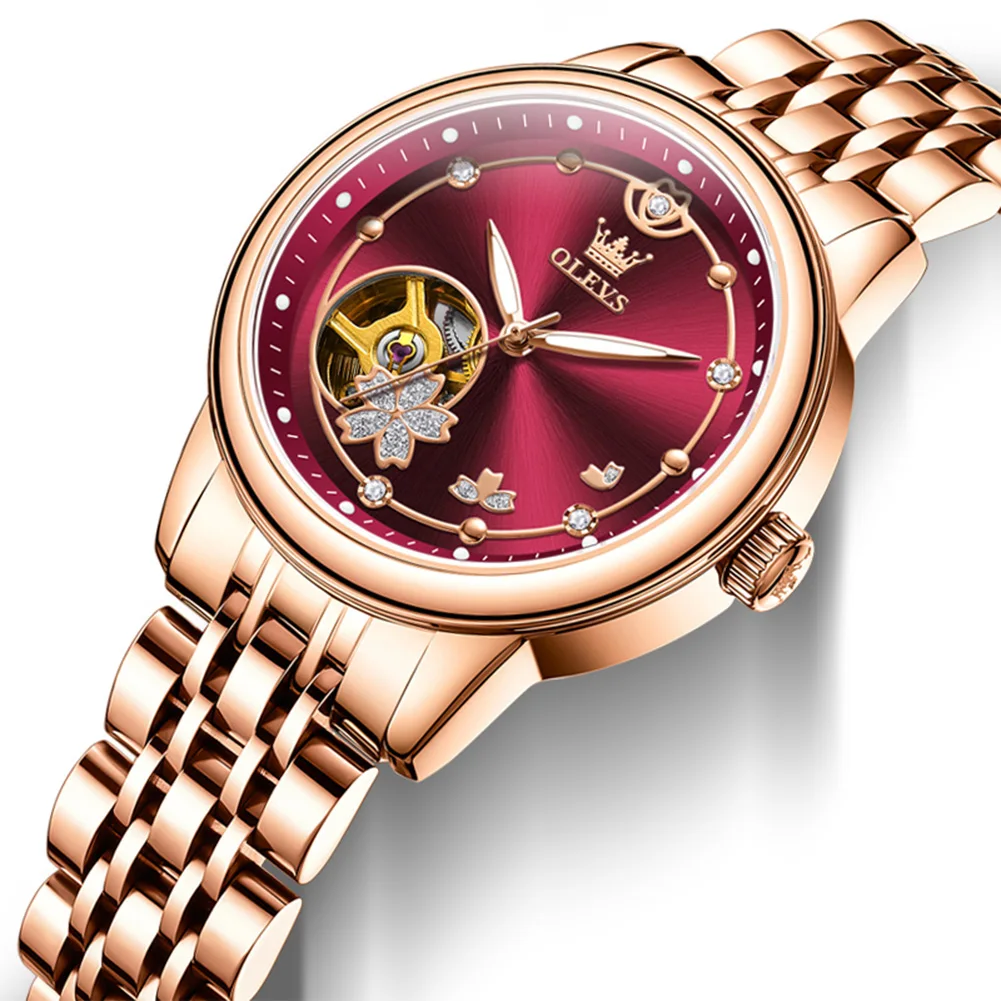 Or Rose vin rouge luxe décontracté dames montre-bracelet étanche automatique mécanique femme montre élégante mode femmes montres