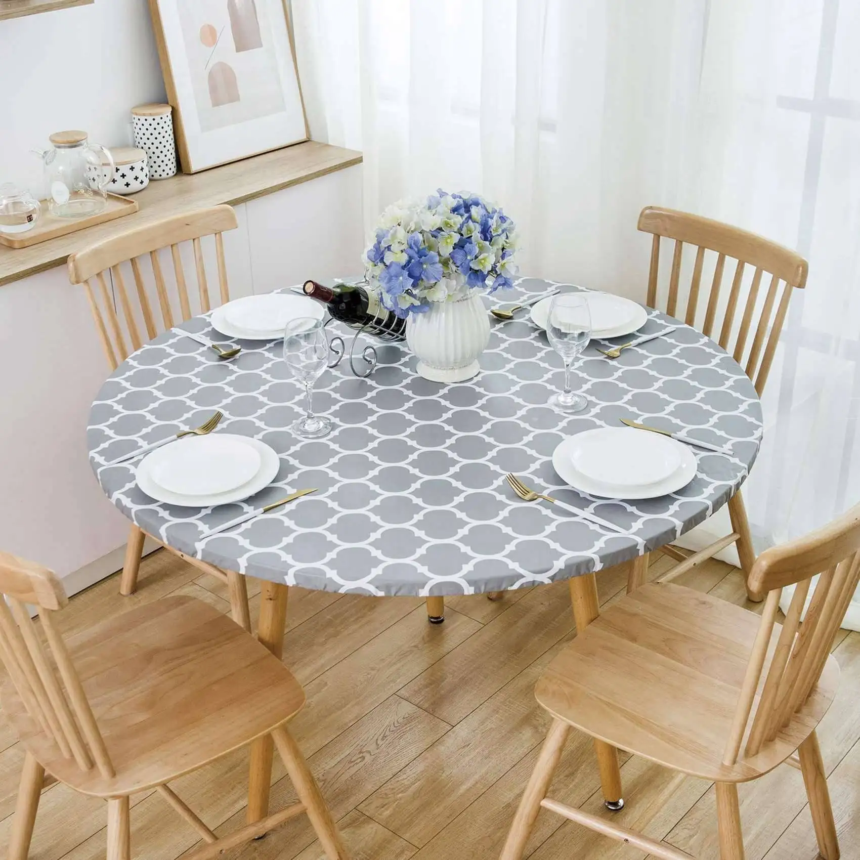 SEWS-2X Round Tablecloth With Elastic Edge Waterproof Oil Proof PVC Table Cloth Wipe Clean Table Cover For Indoor And Outdoor