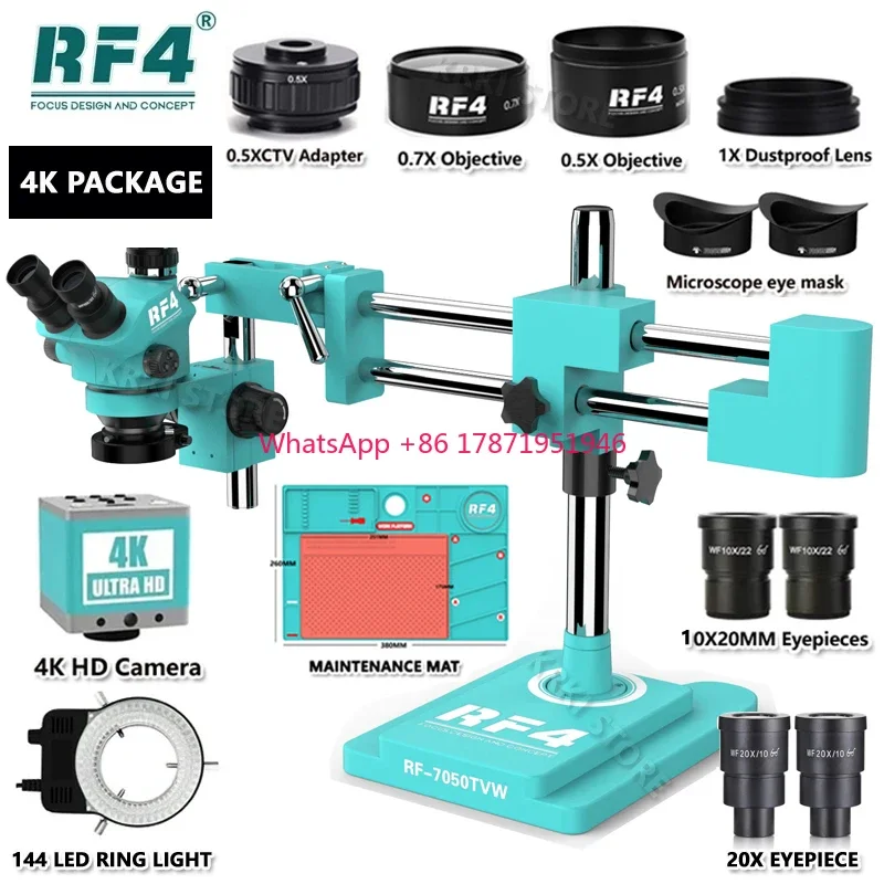 RF4 3.5X-100X Simul-Focus Double Boom Stand Trinocular Stereo Zoom Microscope 48MP 55MP 2K 4K HDMI VGA USB Camera For PCB Repair