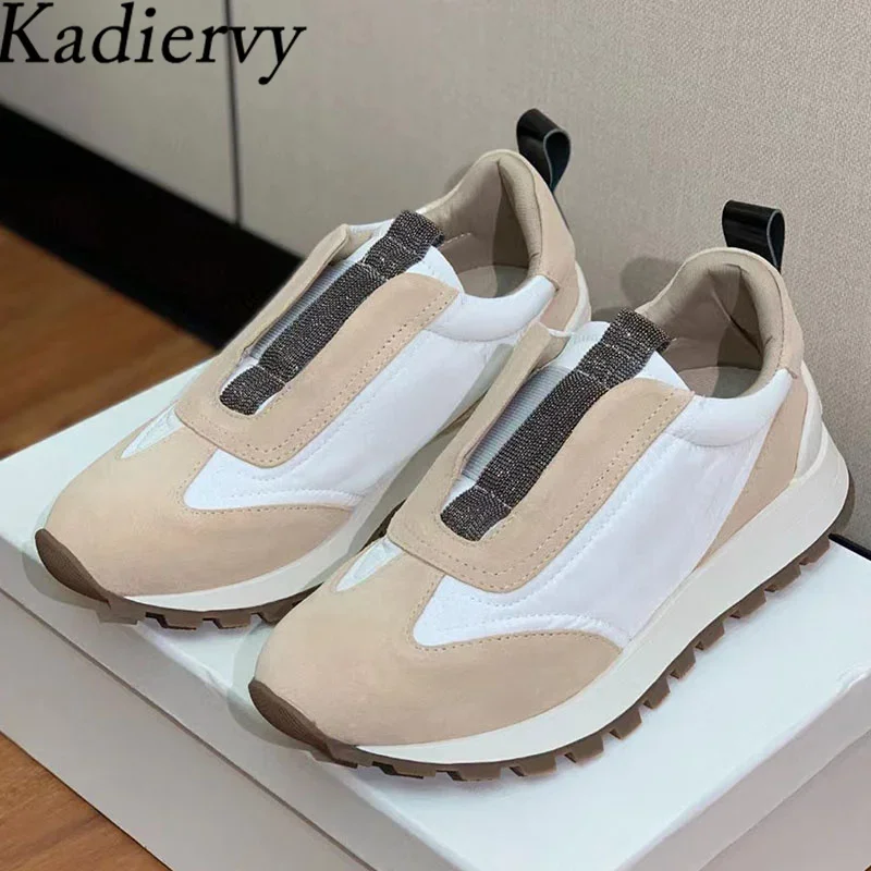 

Luxury Sneakers Women Round Toe Slip-on Suede Patchwork Outdoor Sports Shoes Woman Chain String Bead Flat Casual Shoes Woman