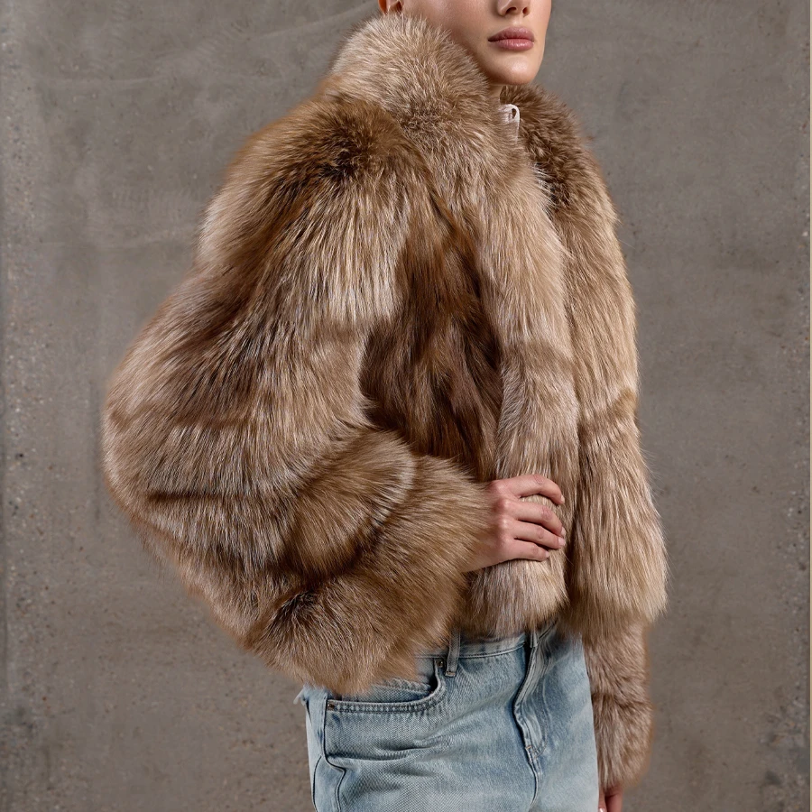 Kurzer Fuchspelzmantel mit Schalkragen, abgeschnittene natürliche Fuchspelzmäntel, Winterjacke für Damen, modische Kleidung, echter Pelzmantel