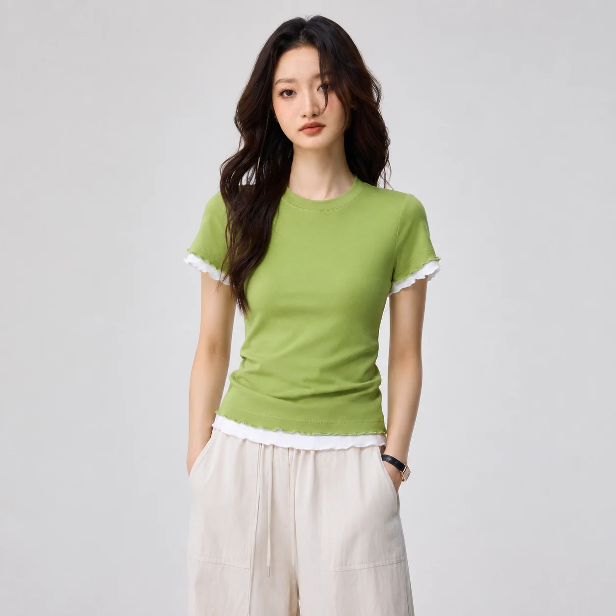 EOENKKY Women Faux Two Piece T Shirt Summer Short Sleeve Crew Neck Slim Fit Contrast Trim Ruffle Hem Combed Cotton Korean Style