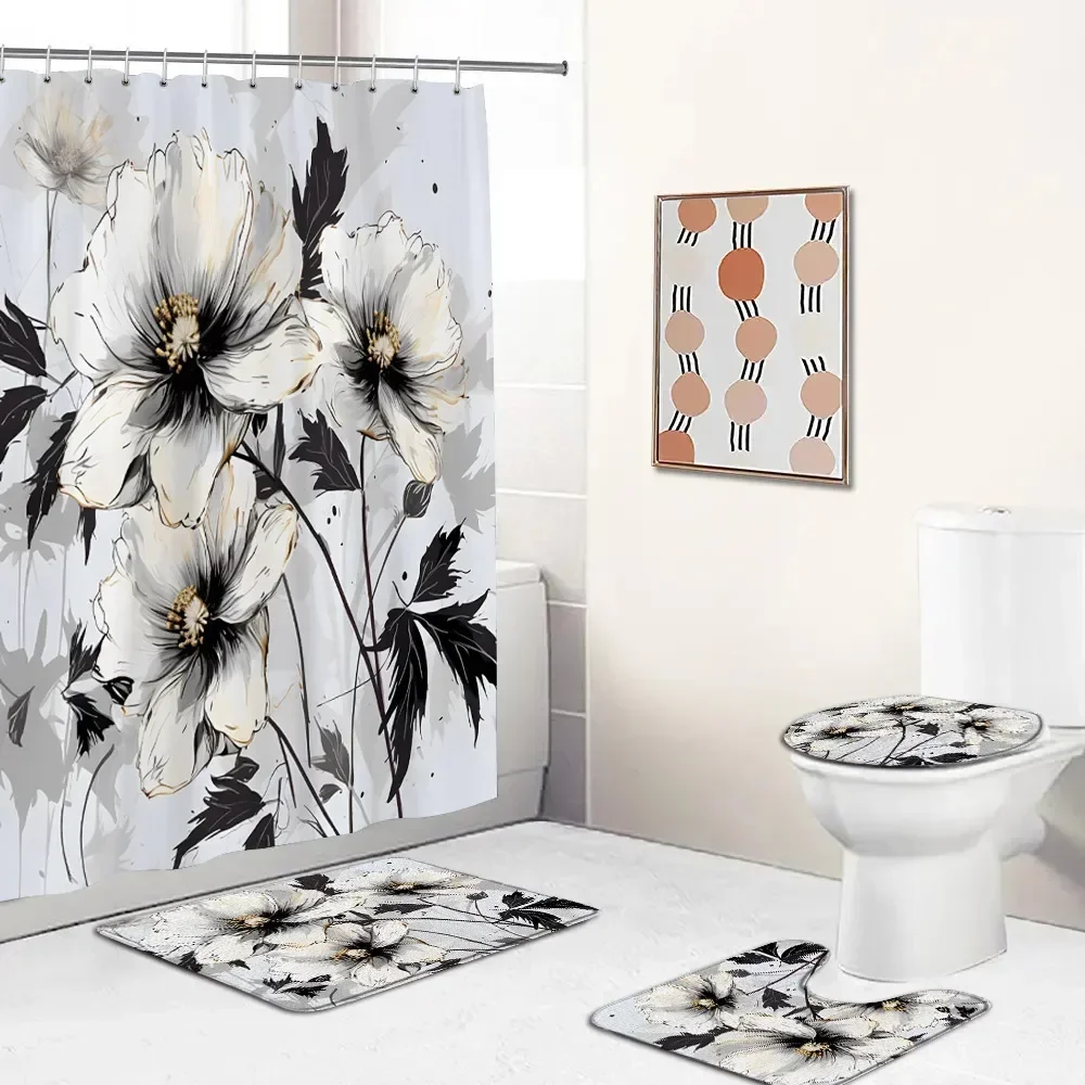 Floral Shower Curtain Set Farmhouse Daisy Watercolor Flower Gothic Dark Rose Modern Bath Curtain Bathtub Rug Toilet Lid Cover