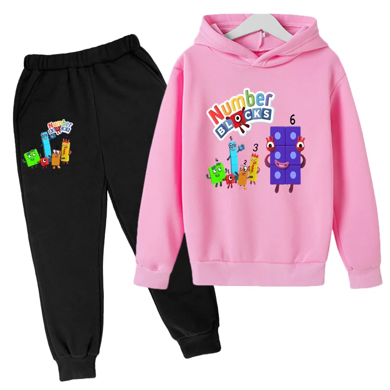 Boys and Girls Top+Pants Hoodie Two Piece Set Spring and Autumn Hoodie 2-12 Year Old Kids Learning Digital Block  Hoodie Set