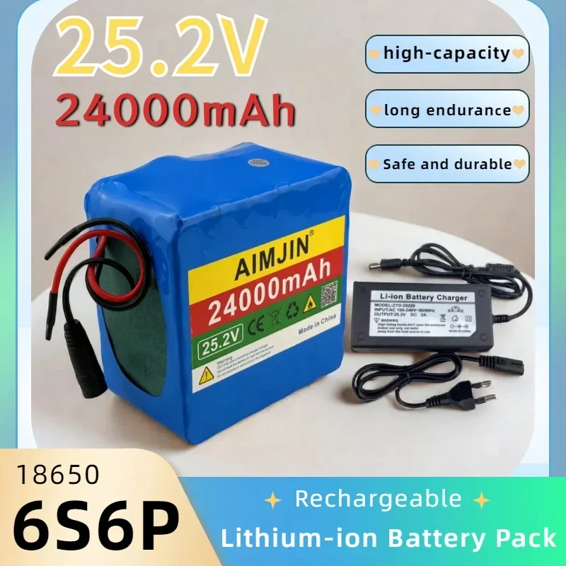 New 6S6P Lithium-ion Battery Pack 25.2V 24000mAh Rechargeable Battery Suitable for electric bicycles, scooters + 2A Charger