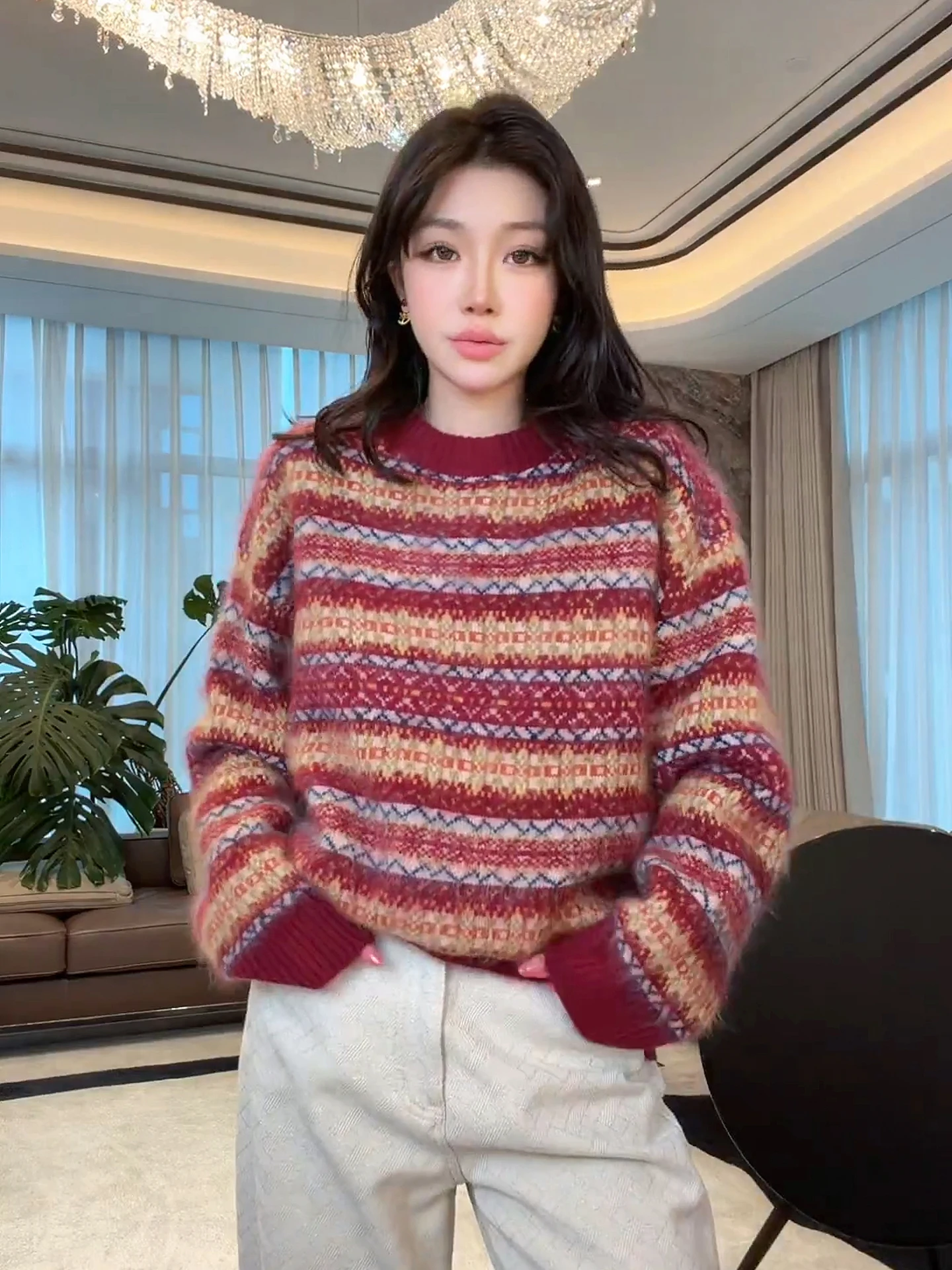 

Faionable Women's Camere Sweater Island Pattern Embroidery Soft Casual Sle Long Sve Warm Thiened Winter Knitwear