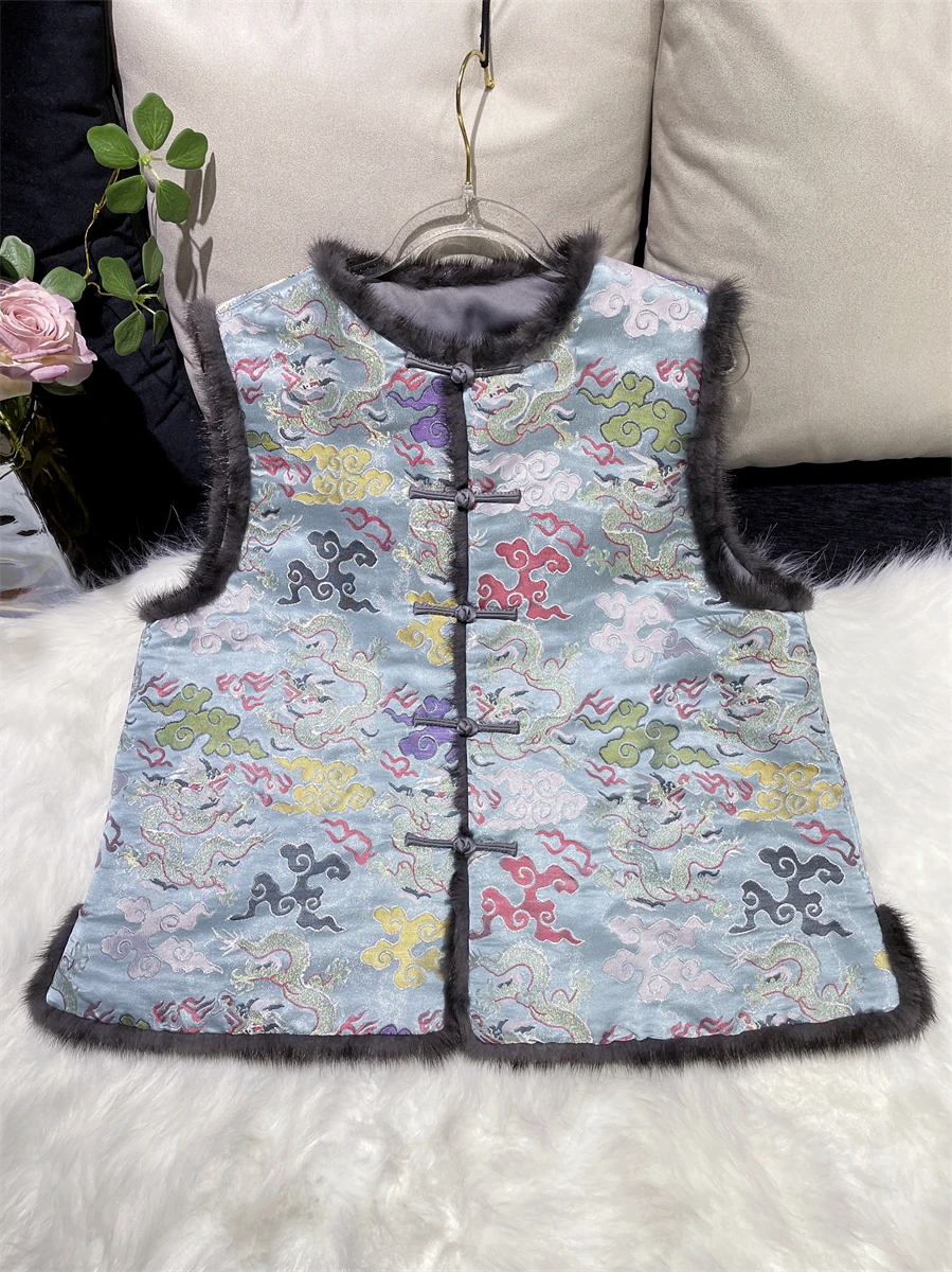 

New Chinese Sle Silk Cloud Patterned ort Top with Cotton And Mink Trimmed Vest Loose Fit round Neline Single Button