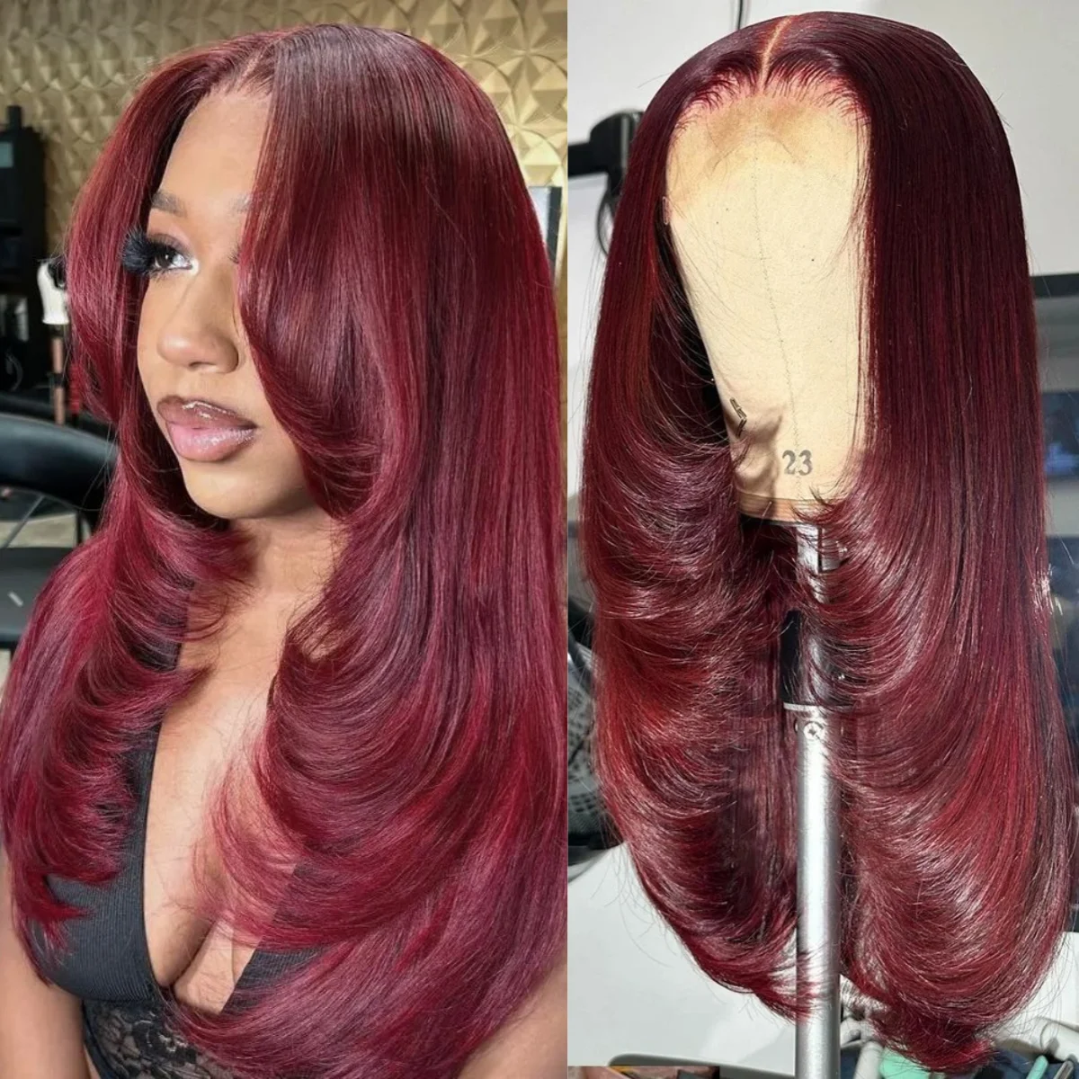 

99J Бордовый Красный Многослойный Парик Прямые Парики Фронта Шнурка Предварительно Сорванные 13x4 HD Синтетический Парик Фронта Шнурка Высокое Качество Косплей