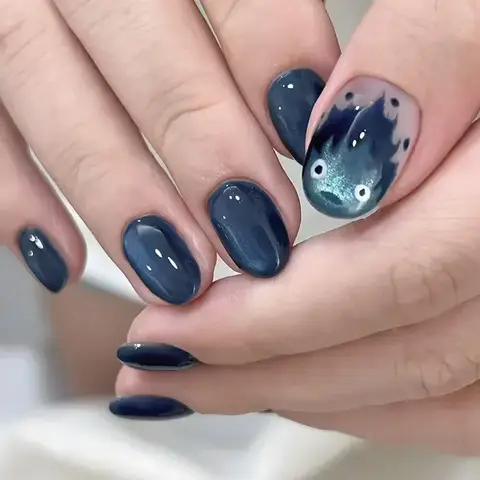 24Pcs Short Round Fake Nails Cat Eye Nail Design Glitter Detachable False Nail Solid Color Full Cover Acrylic Press on Nail Tips