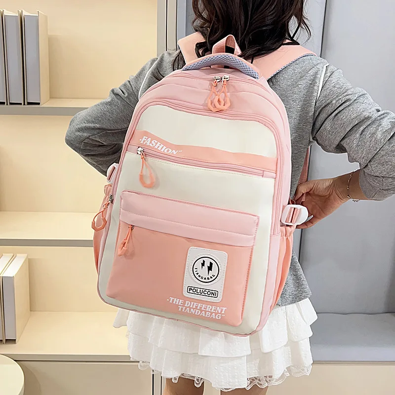 Personalized Nylon Schoolbag Women Large Capacity Backpack Training Shoulder Bag For Teenager Travel Contrast Color Bag Purse