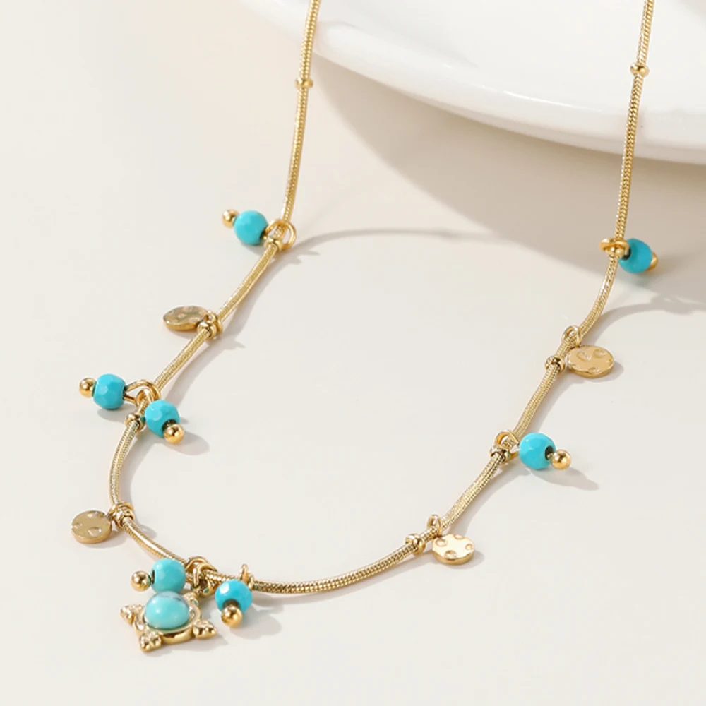 YACHAN 18K Gold PVD Plated Stainless Steel Chain Necklace for Women Turquoise Natural Stone Round Tap Texture Waterproof Jewelry