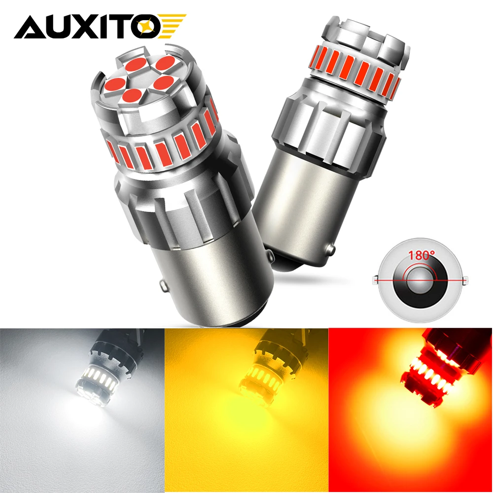 AUXITO 2Pcs P21W LED Red 1156 BA15S LED Bulbs Canbus Error Free White Yellow 12V for Car Signal Lamp Stop Tail Reverse Lights